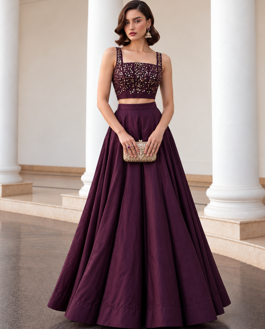 9005 - Burgundy Silk Plain Work Readymade Lehenga Choli for Ceremonial